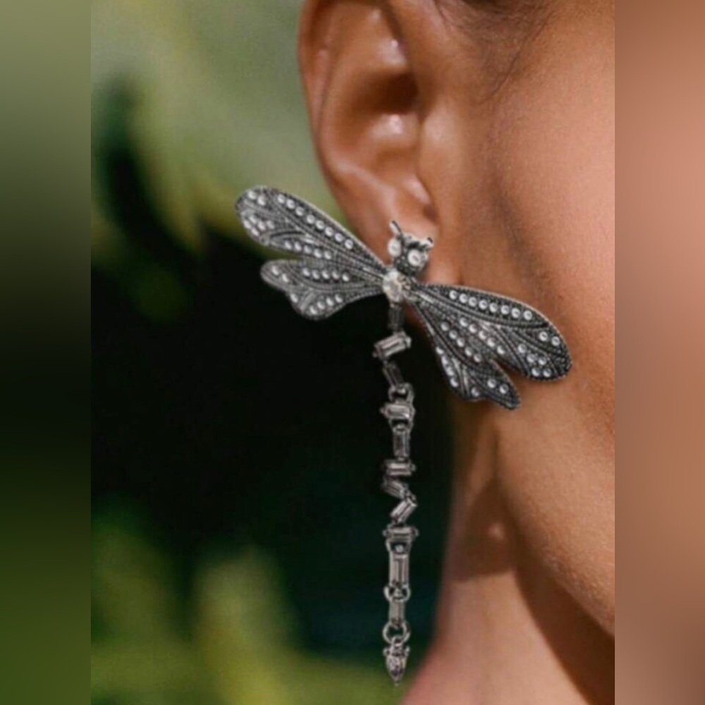 New Zara Sparkle Dragonfly Statement Earrings - Picture 10 of 16
